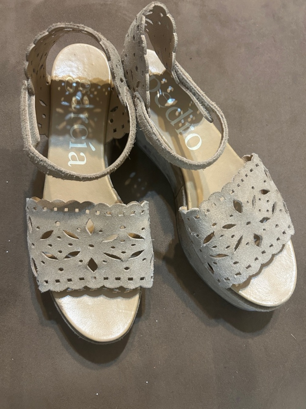 Pedro Garcia Beige Cutout Suede Wedge Sandals